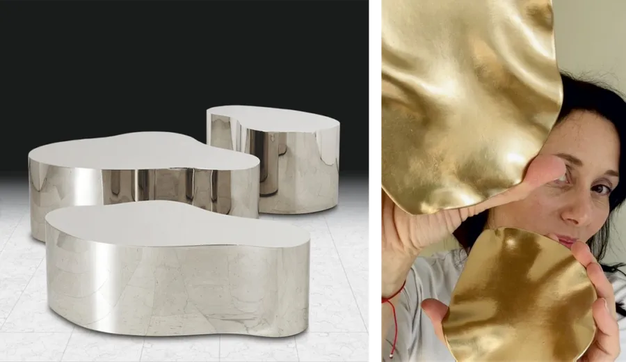 Mirror-polished chrome finish furniture and a gold liquid metal effect sample