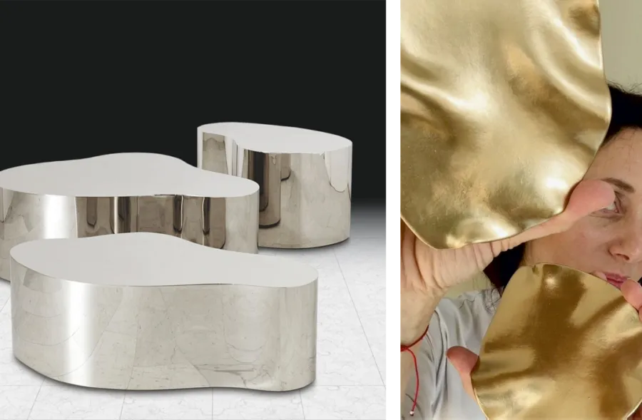 Mirror-polished chrome finish furniture and a gold liquid metal effect sample
