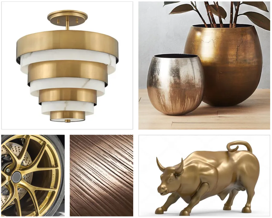 Brass, copper and bronze metal finishes applied to furniture and lighting objects