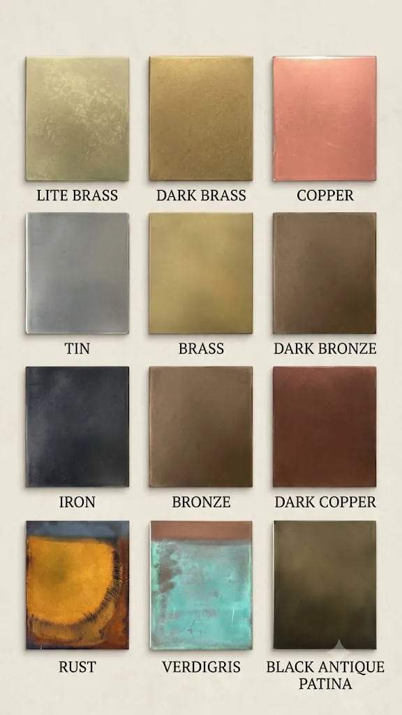 Lazlo's 12-finish metal palette: Lite Brass, Dark Brass, Copper, Tin, Brass, Dark Bronze, Iron, Bronze, Dark Copper, Rust, Verdigris and Black Antique Patina